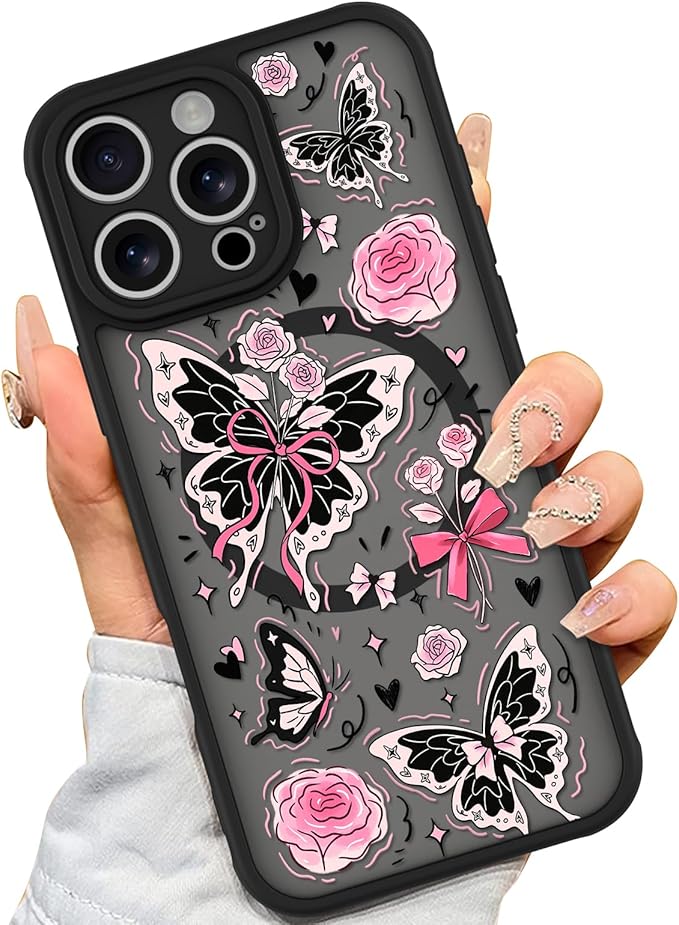 AIGOMARA Case for iPhone 16 Pro Max [Compatible with MagSafe] Cute Butterfly Pink Flower Floral Pattern Soft TPU Bumper Hard PC Back Anti-Fall Shockproof Protective Slim Magnetic Cover for Women Girls