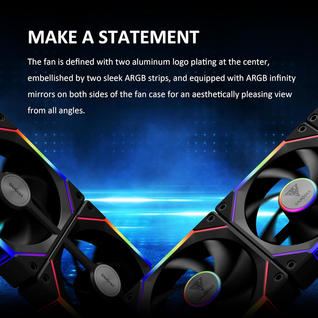 GAMDIAS AEOLUS P2-1203 120mm ARGB PWM Fan (3 Pack, no Hub), Include Reverse Fan Blade x3 & Controller, ARGB Sync, Easy Installation & Cabless Daisy-Chain Design, Silent Operation, Up to 2400RPM, Black