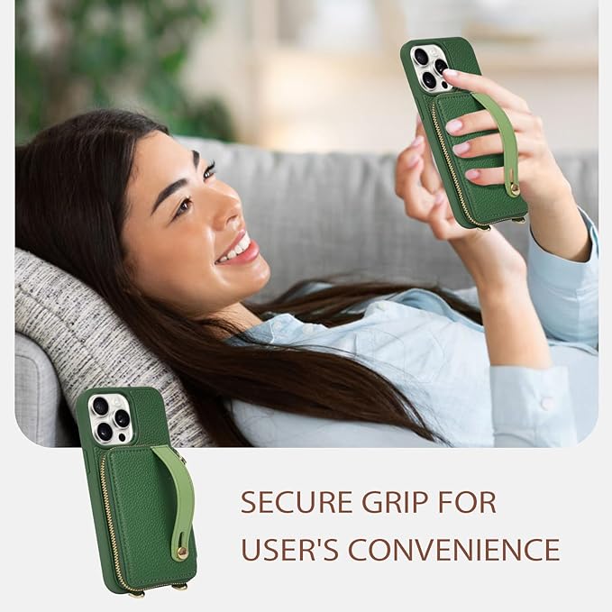 LAMEEKU for iPhone 15 Pro Max Wallet Case, Zipper Leather Card Slots Crossbody Case with Phone Grip Holder Stand Wrist Strap Lanyard for Women for iPhone 15 Pro Max 6.7 inch Dark Green