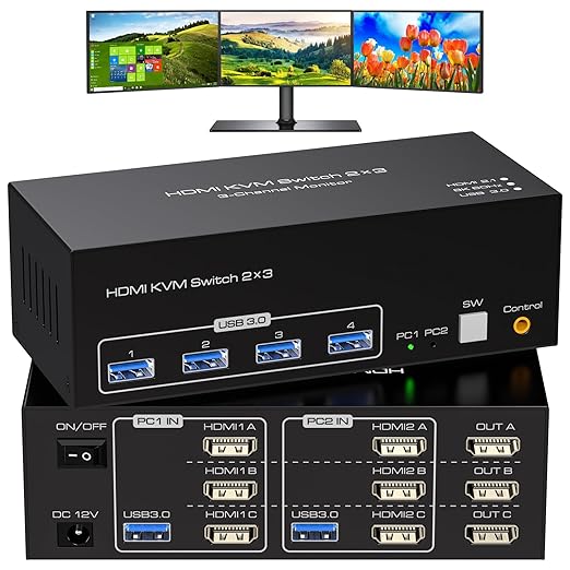 8K 60Hz HDMI KVM Switch 3 Monitors 2 Computers 4K 120Hz USB 3.0 KVM Switches Triple Monitor 2 Ports Share 1 Set of Keyboard Mouse Printer Scanner Between Two PC with Wired Controller
