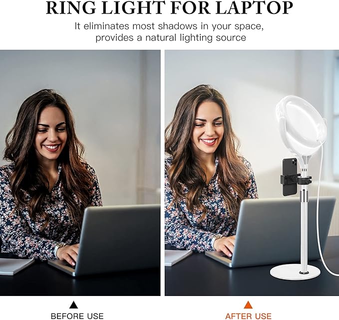 8 inch Desk Ring Light with Stand, Adjustable Computer Circle Light for Video Conference Lighting, Zoom Calls, Virtual Meeting, Video Recording, Selfie Light with Phone Holder for Streaming, Podcast