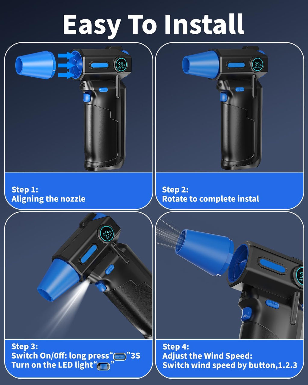 Compressed Air Duster-130000RPM Electric Air Duster, 3 Gear Adjustable, with Brushless Motor & LED Light, Rechargeable Cordless Air Blower, Dust Blower for Computer, Keyboard, House, Outdoor and Car