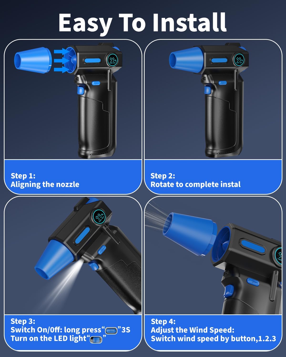 Compressed Air Duster-130000RPM Electric Air Duster, 3 Gear Adjustable, with Brushless Motor & LED Light, Rechargeable Cordless Air Blower, Dust Blower for Computer, Keyboard, House, Outdoor and Car