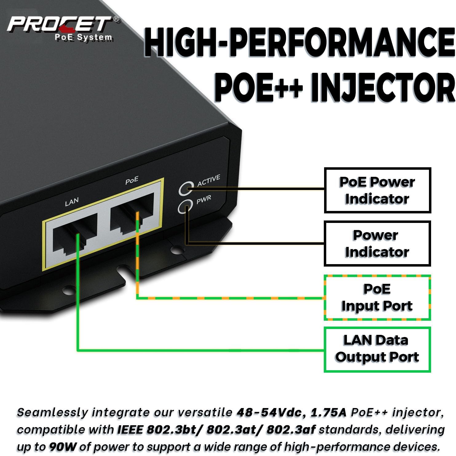 PROCET Gigabit PoE++ Injector 90W, IEEE802.3 af/at/bt Compliant 10/100/1000Mbps Industrial PoE Adapter with Wide Temp -40°F to 149°F, 6KV Surge Protection, 50-5V DC Jack/ 2PIN Input, PT-PSE109GBRO-D