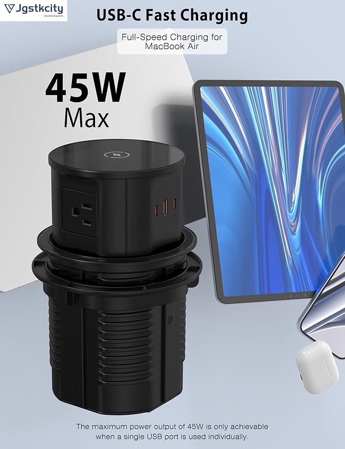 Pop up Outlet for Countertop with Wireless Charger,45W USB C Port, 4.7'' Diameter Round Pop Up Counter Outlet with AC Outlets,USB Ports,Hidden Outlet,Pop Out Outlet