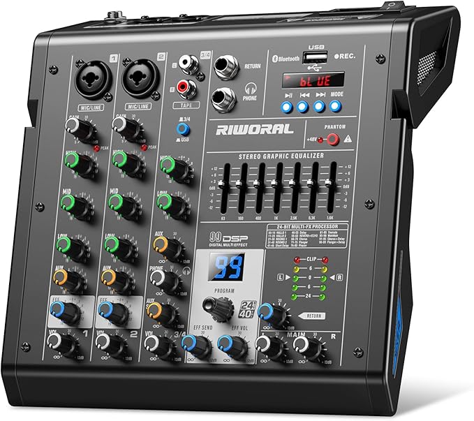 4 Channel Audio Interface DJ Mixer with 99 DSP Reverb Delay Effect USB Audio Interface +48V Phantom Bluetooth for Karaoke Studio Streaming Recording,Live Broadcasting,Podcasting