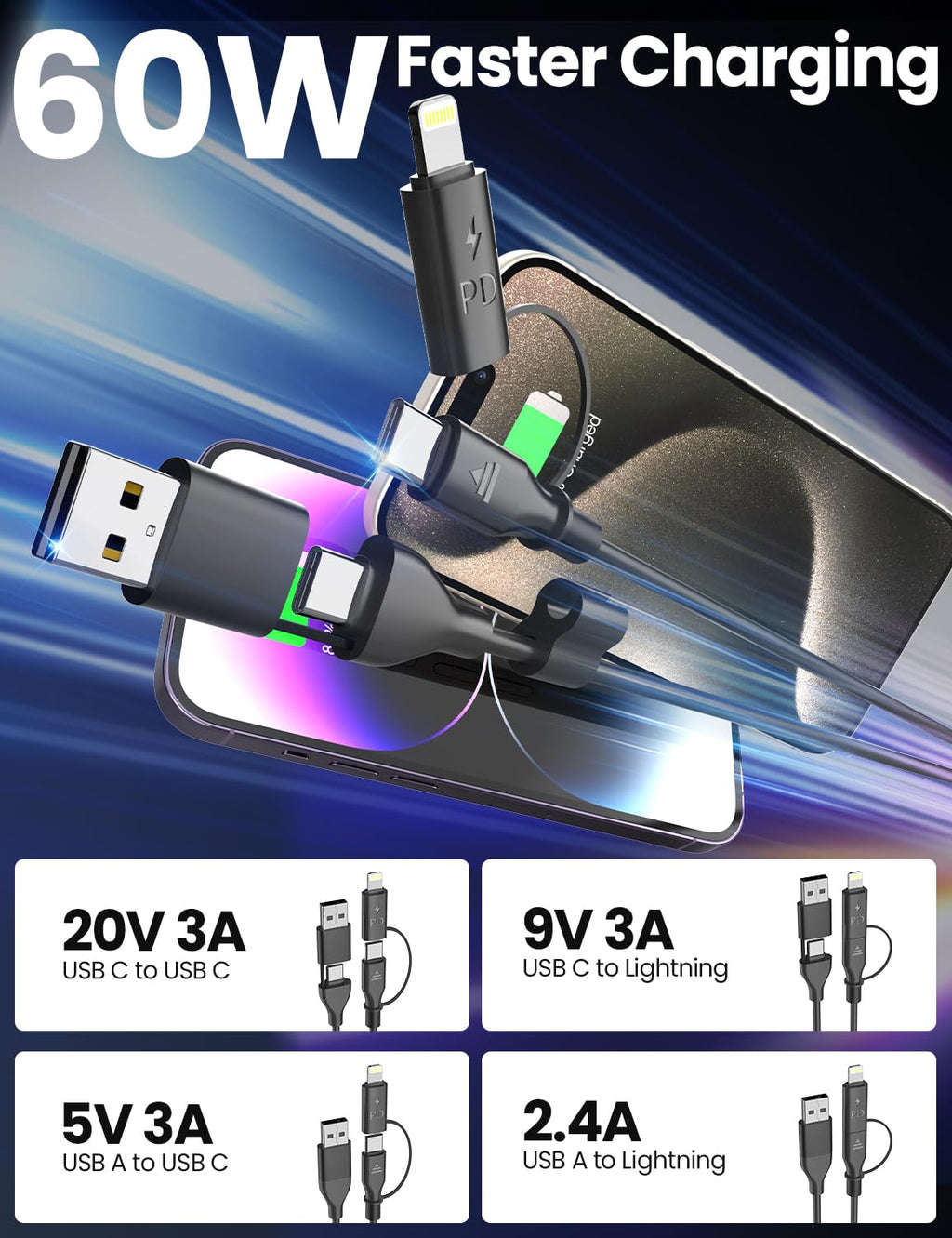 Coiled USB-C and Lightning Cable 2-in-1, 3FT iPhone 17 16 Car Charger Cord, 60W Fast Charging Cable for iPhone 15, Samsung Galaxy Supports Apple CarPlay & Android Auto (Black)