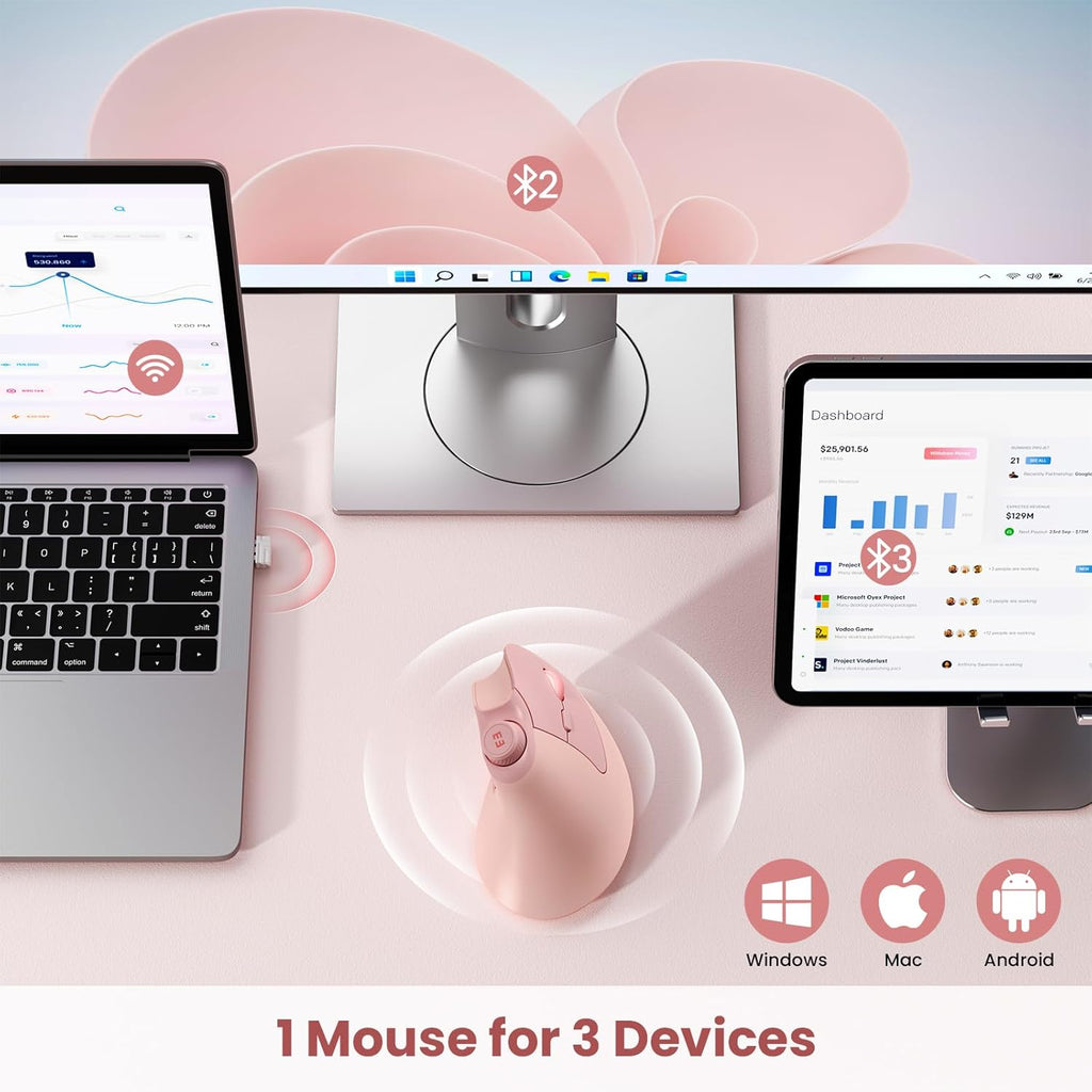 seenda Ergonomic Mouse Rechargeable, USB+Dual Bluetooth, MOU-302 Vertical Wireless Mouse with Volume Knob, Quiet Clicks, Multi-Device Cordless Mice Compatible for Windows, PC, Laptop, Mac OS, Pink