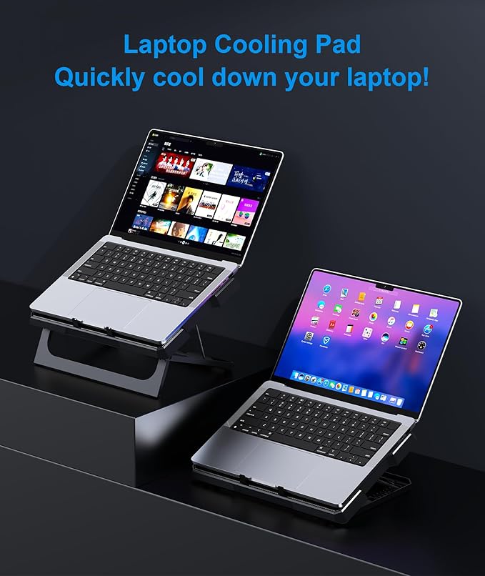 Laptop Cooling Pad, Laptop Cooler with 6 Quiet Fans Up to 17.3 Inch Heavy Notebook Cooler Stand, 8 Levels of Tilt, Two Levels of Height Adjustable (Black)