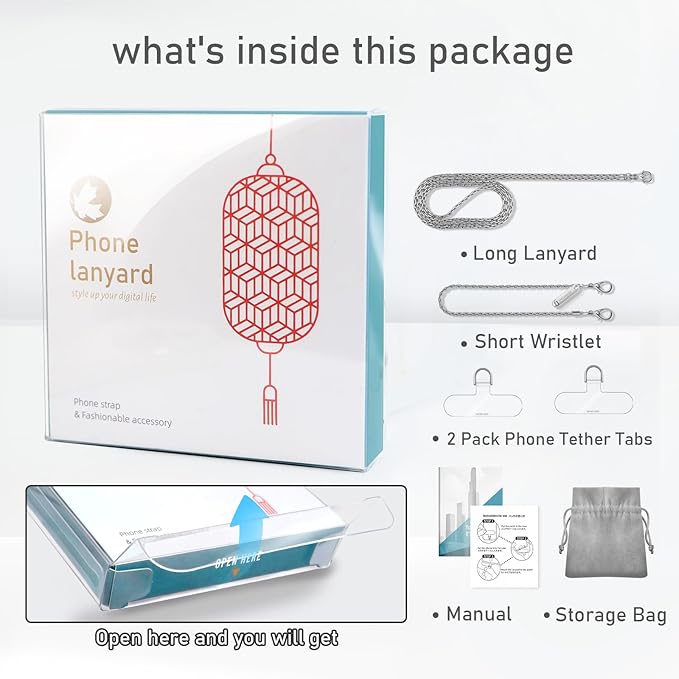 Metal Phone Chain, Crossbody Detachable Phone Lanyard with 1*Wrist Strap & 2* Tether Tabs for iPhone and Smartphones (Pale Silver,Extend)