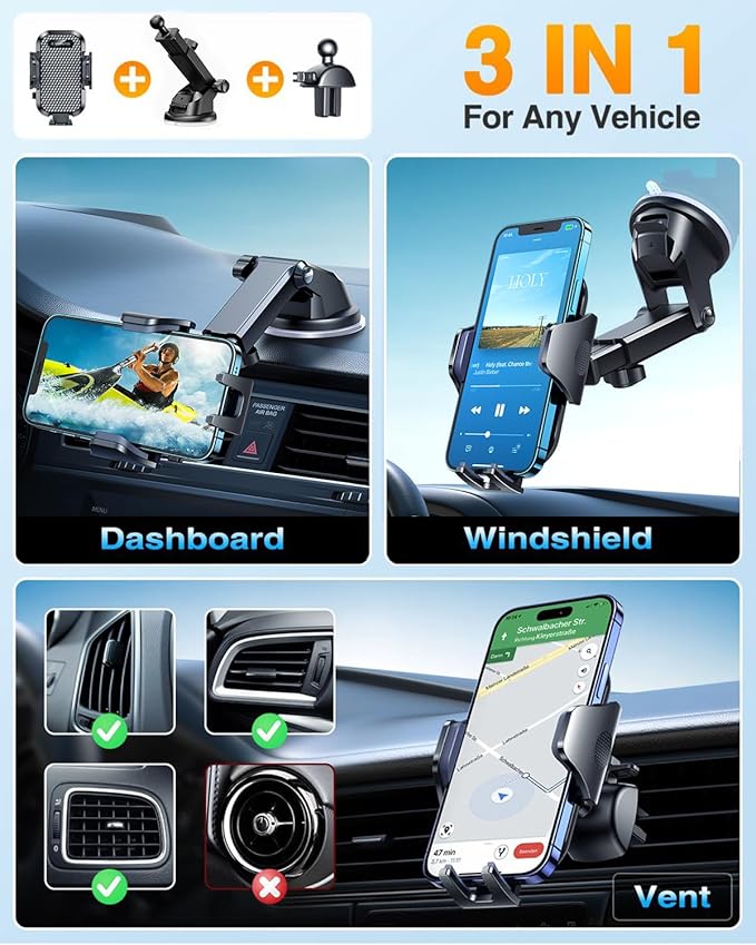 VANMASS Universal Car Phone Holder 2025【Strongest Suction & Military-Grade】Phone Holders for Your Car Windshield Dashboard Vent with【Patent & Safety Certs】Cell Phone Mount for iPhone Samsung Android