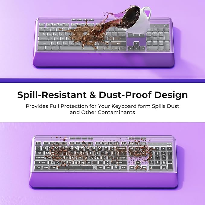 Wireless Keyboard and Mouse Set with Quiet Keys, 2.4G Full Size Purple Keyboard and Mouse with Wrist Rest, Protective Covers, Soft Touch Silent Design for Windows, Computer, PC and Laptop