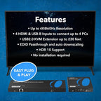 OREI 4x1 KVM 4K HDMI Over Ethernet Extender Switcher Balun Over CAT6/7 Cable 4K@60Hz Upto 230 Feet - 2 USB 1.1 Ports, Supports Keyboard and Mouse USB