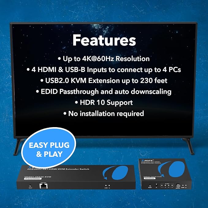 OREI 4x1 KVM 4K HDMI Over Ethernet Extender Switcher Balun Over CAT6/7 Cable 4K@60Hz Upto 230 Feet - 2 USB 1.1 Ports, Supports Keyboard and Mouse USB