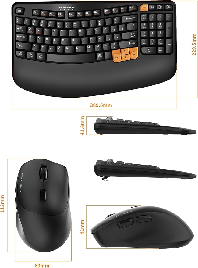 Wireless Keyboard and Mouse Combo, 2.4G Wave Keys Ergonomic Keyboard with Palm Rest and 3 DPI Silent Mouse, Compact Size for Natural Typing, Spill-Resistant, for Windows/PC/Laptop/Mac(Black)