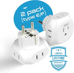 Ceptics European Schuko Travel Plug Adapter Germany France Adapter Charger 4 Input - USA to Any Type E/F Countries Such as Germany, France and More - 2 Pack (PT-9), White