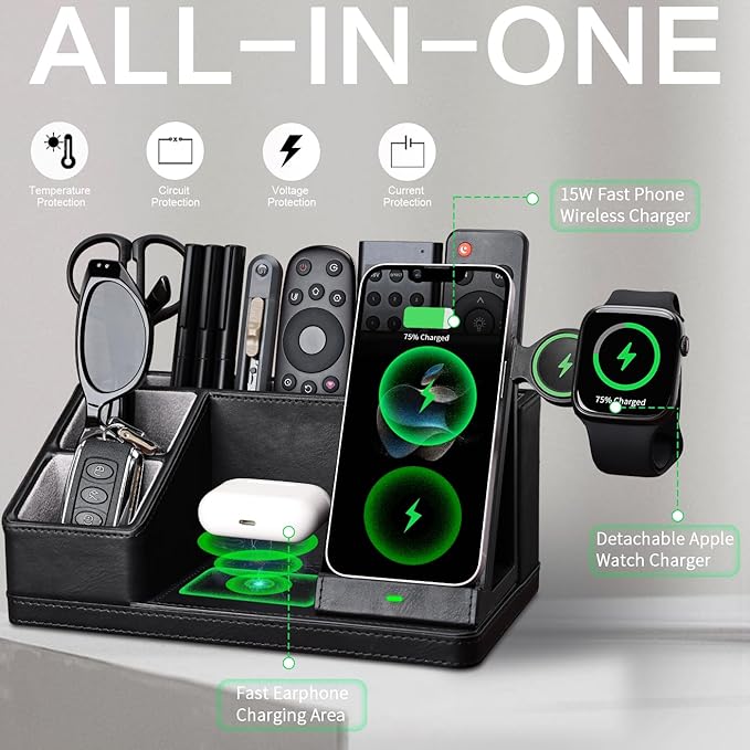 Black Leather Desk Organizer With Charging Station,Office Supplies Desk Accessories,Pen Holder for Desk,Remote Control Holder,Desk Organizer With Phone Charger,Nightstand Desktop Organizer