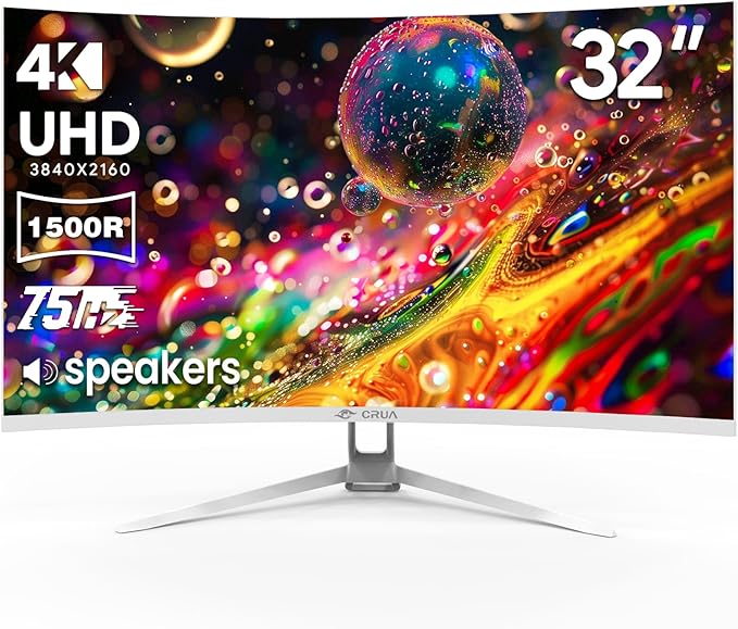 CRUA 32" White Curved Monitor, 4K UHD(3840*2160P) 1500R VA Screen, 75Hz Computer Monitor Supports AMD Freesync, 120% sRGB, Built-in speakers, Blue Light Filter,Wall Mountable Installs(HDMI 2.0/DP 1.4)