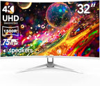 CRUA 32" White Curved Monitor, 4K UHD(3840*2160P) 1500R VA Screen, 75Hz Computer Monitor Supports AMD Freesync, 120% sRGB, Built-in speakers, Blue Light Filter,Wall Mountable Installs(HDMI 2.0/DP 1.4)