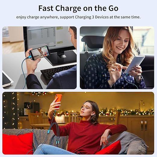 100W USB C Multi Charging Cable,3 in 1 USB C Cable Fast Charging with E-Mark Chip,Universal Charging Cable with Type-C, Micro USB,IP Port for iPhone16/15/Cell Phones and More