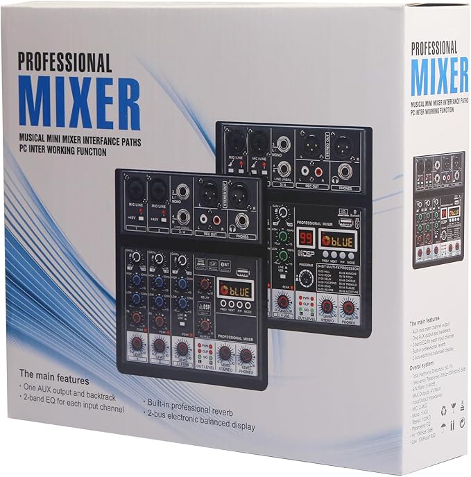 Dj Mixers, 4 Channel Audio Mixer, Sound Board with Bluetooth Player, Usb Audio Interface with 48V Phantom Power, Sounds Mixer Board with 99 DSP FX Reverb Delay Effect