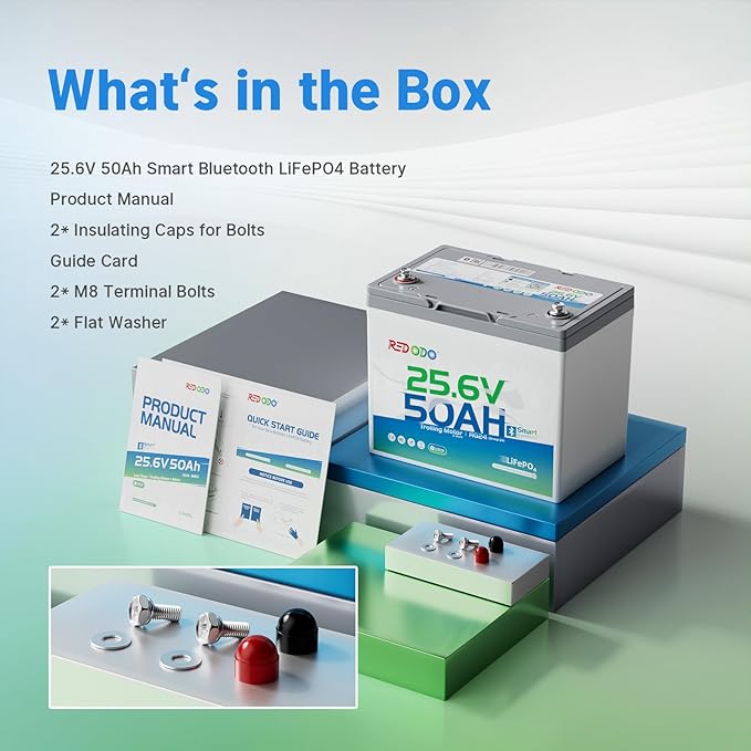 Redodo Bluetooth 24V 50Ah TM Low-Temp LiFePO4 Battery, Smart Lithium Battery Built in 50Ah BMS, 10 Years Lifespan, Perfect for Trolling Motor, Marine, RV, Fishing Finder, Solar and Off Grid-4 Pack