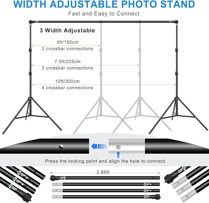 10 x 6.9 Ft Photo Backdrop Support Stand, MSKIRA Adjustable Background Stand, Backdrop Support System Kit for Parties Screen Back Drops Events Decoration, with 6 Clamps, 4 Clips, 2 Sandbags, Carry Bag