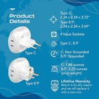 Ceptics Europe Travel Adapter Plug Set Schuko - 4 Input - Ultra Compact - Light Weight Type C, Type E/F - USA to Any Type C E/F Countries Such as Germany, France- 4 Pack (PT-9-9C-4PK),White