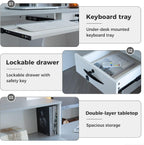 Reception Desk with Counter, Modern Front Desk Reception Counter with Keyboard Tray, Lockable Drawer and Storage Shelves for Office, Retail, Salon(White+Gray/Left, 63" L*24" W*39" H)