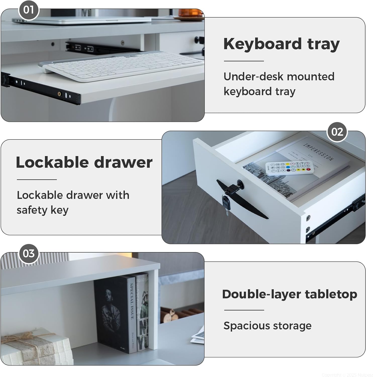 Reception Desk with Counter, Modern Front Desk Reception Counter with Keyboard Tray, Lockable Drawer and Storage Shelves for Office, Retail, Salon(White+Gray/Left, 63" L*24" W*39" H)