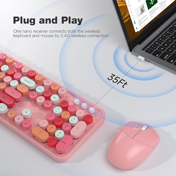 KNOWSQT Wireless Keyboard and Mouse Combo, Pink Colorful 2.4G Typewriter Full-Size Cute Keyboards - USB Receiver Plug and Play, for Computer, PC, Laptop, Desktop, Windows