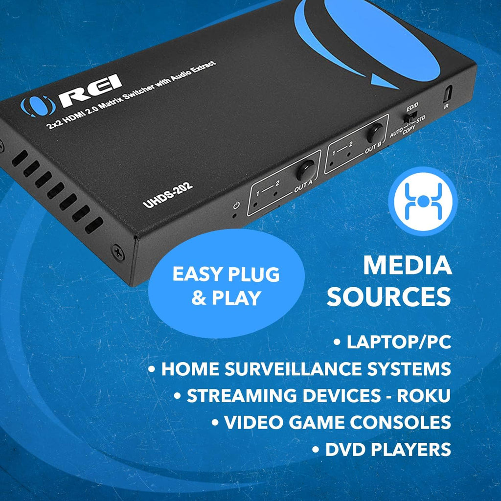 OREI 4K HDMI Matrix Switch 2 X 2, Switcher 18G UltraHD Supports Upto 4K @ 60Hz & 1080P IR EDID HDCP 2.- Remote Control (UHDS-202)
