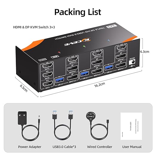 KVM Switch 3 Monitors 3 Computers 8K@60Hz/4K@120Hz, HDMI DP KVM Switches for 3 PC Sharing Triple Monitor and Keyboard Mouse with Power Adapter, Wired Extend Controller and USB3.0 Cables