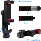 Phone Tripod Mount Adapter, with Cold Shoe&1/4" Hole for Tripod/Selfie Stick/Camera Stand, 360° Rotates Adjustable Phone Clip Clamp Holder for iPhone/Samsung/All