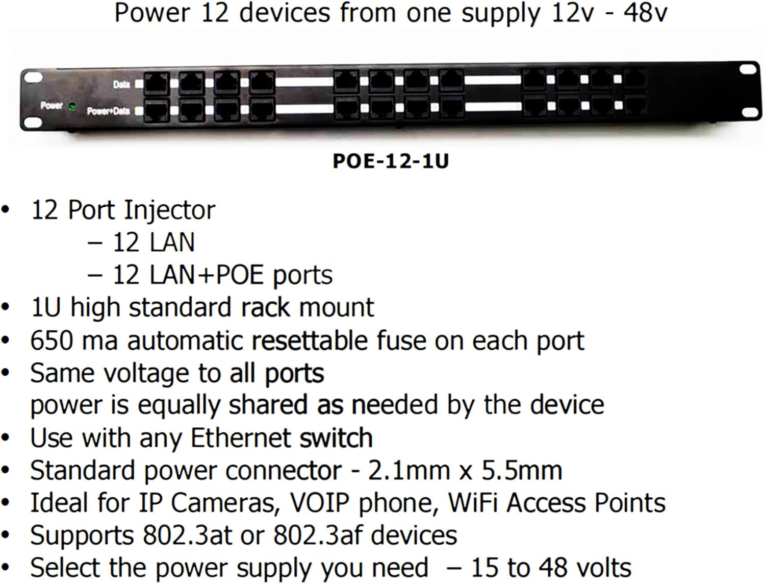 PoE Texas POE-12-24v60w | 12 Port Passive PoE Injector - Power Over Ethernet with 24 Volt 60 watt Power Supply for Ubiquiti, Mikrotik and Similar Devices