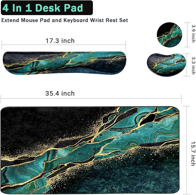 Keyboard Mouse Pad Set, Extended Mouse Pad+Keyboard Wrist Rest Support, Memory Foam Ergonomic Easy Typing, 3Pcs (35.4×15.7 in) Desk Pad Set for Home Office Study Game - Malachite Marble