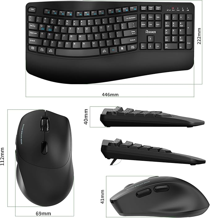 Wireless Keyboard and Mouse Combo, Full Size Wave Keys Ergonomic 2.4G Keyboard with Wrist Rest for Natural Typing, 3 DPI Adjustable Ergonomic Silent Mouse for Computer/Laptop/Windows/Mac (Black)