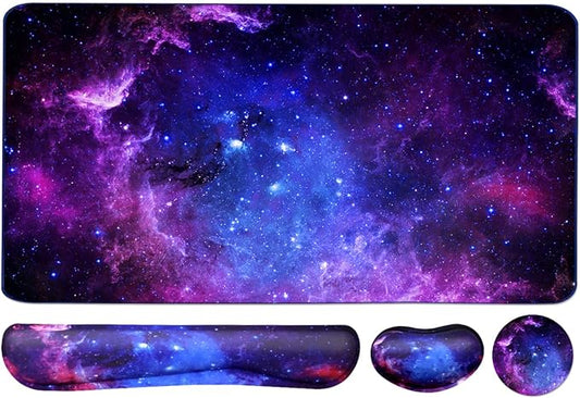 Keyboard Mouse Pad Set, Extended Mouse Pad+Keyboard Wrist Rest Support, Memory Foam Ergonomic, 3Pcs (35.4×15.7 in) Desk Pad Set for Home Office Study Game - Galactic