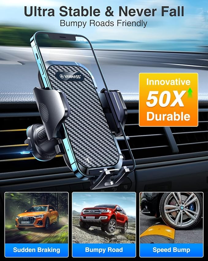 VANMASS Car Phone Holder Mount 2025 Upgraded [Patent Steel-Hook] Car Vent Phone Mount Clip Military-Grade Shockproof Cell Phone Car Mount Handsfree Truck Stand Vent Cradle for iPhone 16 Android,Black