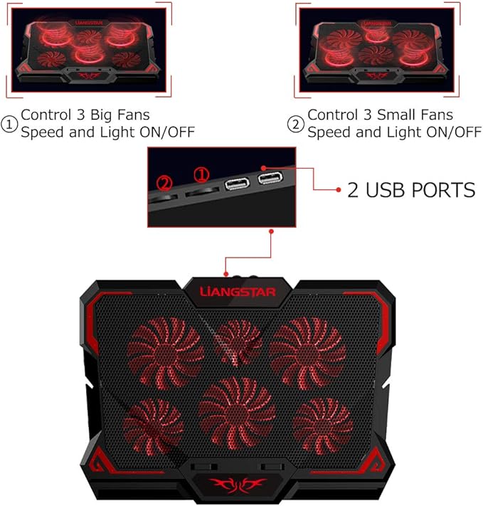 Laptop Cooling Pad, Laptop Cooler with 6 Quiet Led Fans for 15.6-17 Inch Laptop Cooling Fan Stand, Portable Ultra Slim USB Powered Gaming Laptop Cooling Pad, Switch Control Fan Speed Function (Red)