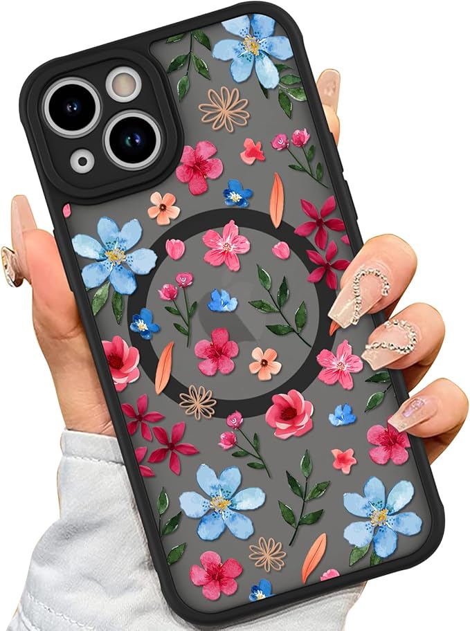 AIGOMARA Magnetic Case for iPhone 14 Plus [Compatible with MagSafe] Cute Pink Blue Flower Floral Pattern Soft TPU Bumper Hard PC Back Anti-Fall Shockproof Protective Slim Cover for Women Girls