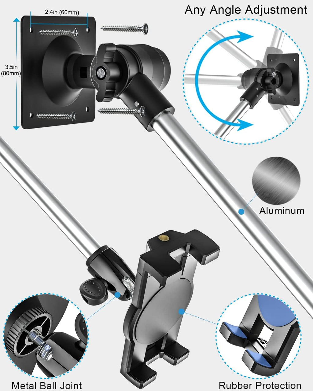 Tablet Wall Mount, 35" Aluminum Alloy Foldable Arm, 360 Degree Angle Adjustable for Kitchen/Desk, Compatible with 4.7-13" Tablet Like iPad Pro, Air, Mini, iPhone, Galaxy, Fire, Switch, Camera, Webcam