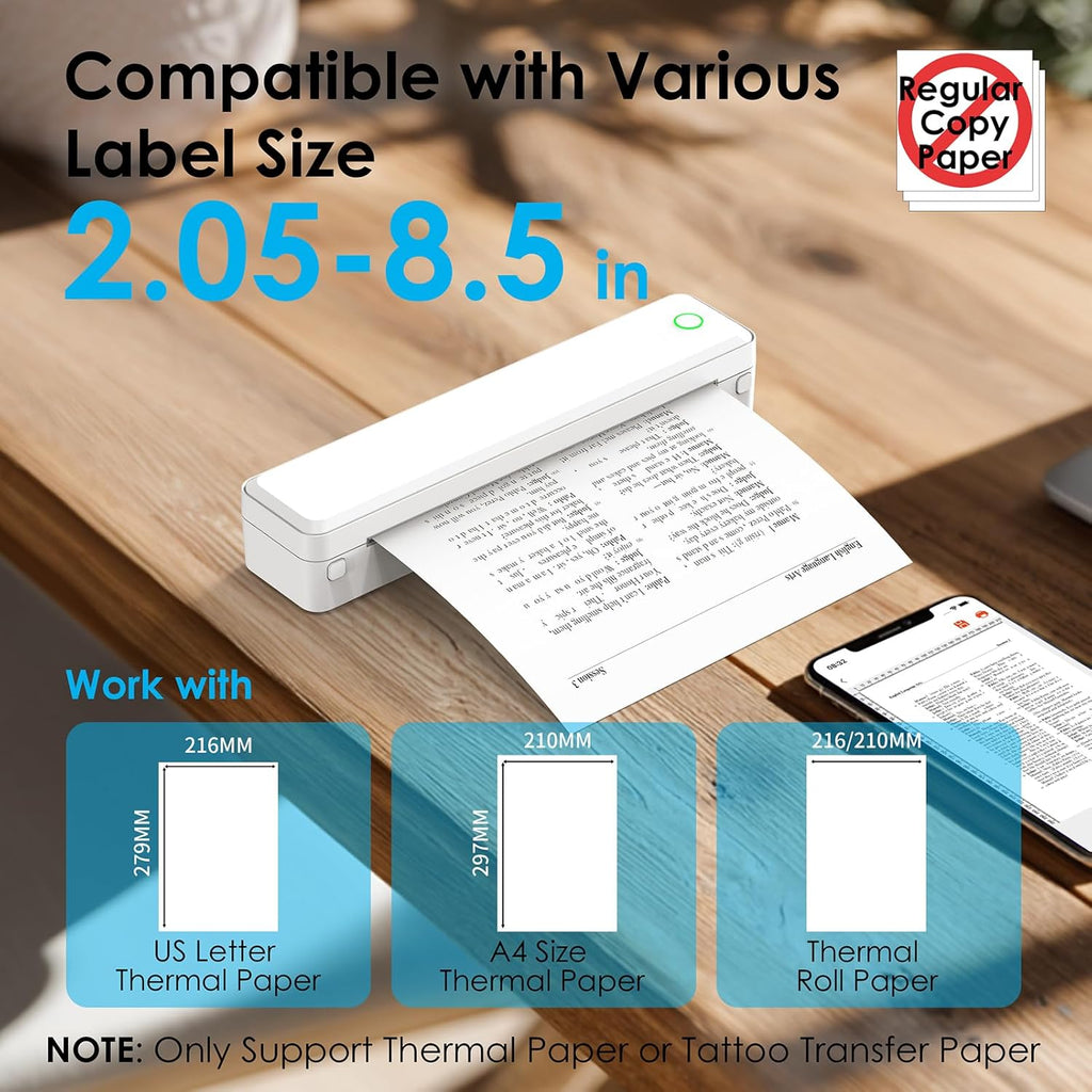 Portable Thermal Printer, Bluetooth Wireless Printer for Travel,Home Use,Office&School – Supports 8.5" x 11" US Letter, A4 & A5 Thermal Paper, Inkless Printing, Compatible with iOS, Android&Laptop