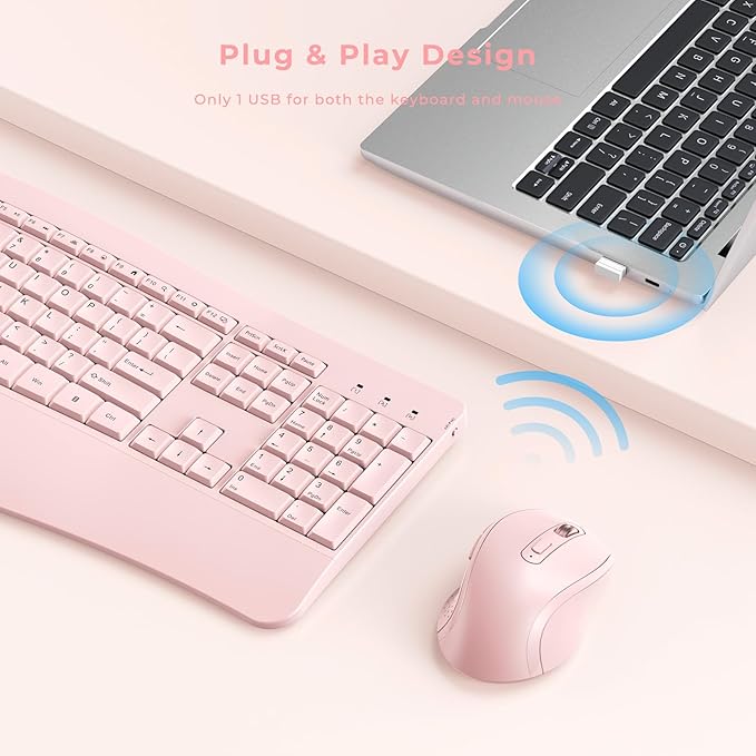 Wireless Keyboard and Mouse - Full Size Ergonomic Keyboard with Palm Wrist Rest Ergonomic Mouse Cordless for Windows Computers Laptops - Light Pink (Upgrade)