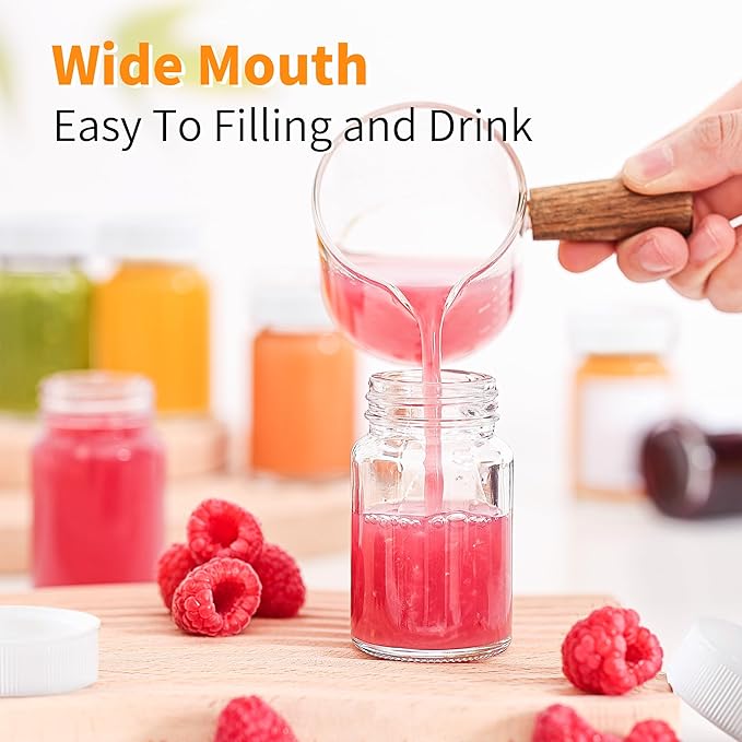 16 Pack 2 oz Glass Shot Bottles with White Caps & Labels, Wide Mouth 60 ml Clear Little Glass Jars for Ginger, Leakproof Travel Mini Jars for Wellness Shot, Juice - Dishwasher Safe