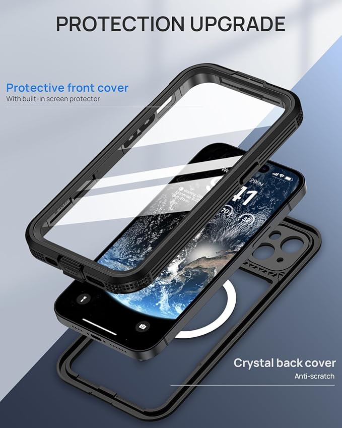 Lanhiem Magnetic for iPhone 15 Case, IP68 Waterproof Dustproof Case, [Compatible with Magsafe] [Built-in Screen Protector] Full Body Heavy Duty Rugged Phone Cover 6.1 inch, Black/Clear