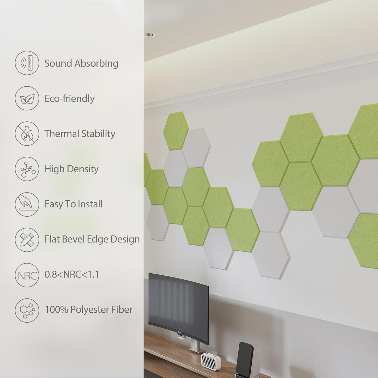 12 Pack Acoustic Panels Self Adhesive Sound Proof Foam, High Density Sound Acoustic Foam Panel, 12 X 10.23 X 0.4 Inch Hexagon Wall Panels in Home,Office,Reccording Room,Studio (Fruit Green)