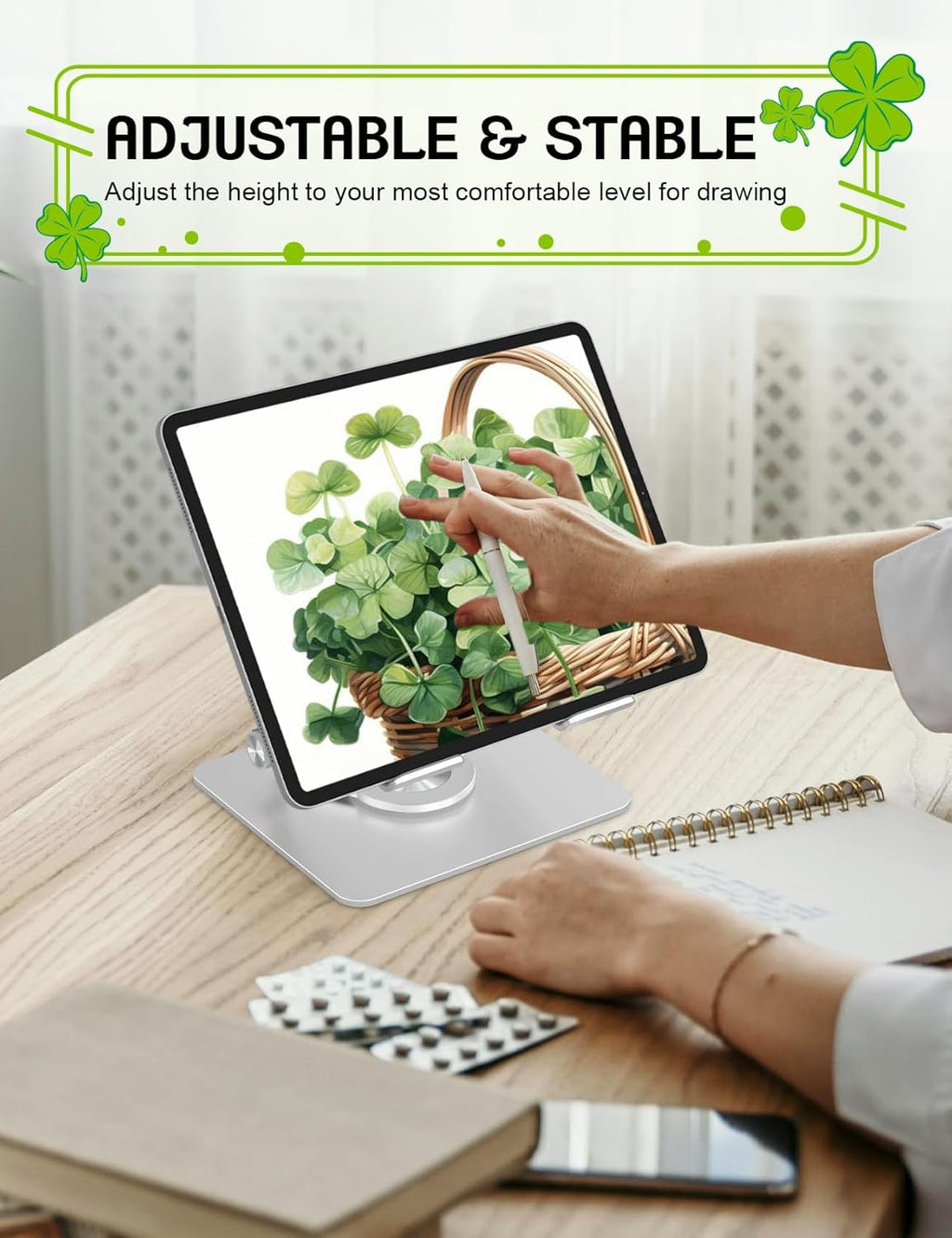 Tablet Stand for iPad,360° Rotating Desktop Holder - Aluminum Adjustable & Foldable Desk Holder for iPad Pro 12.9/11,Air 10.9,Samsung Tab S9,Portable Home/Office,Gift for Mom,Teens,Silver