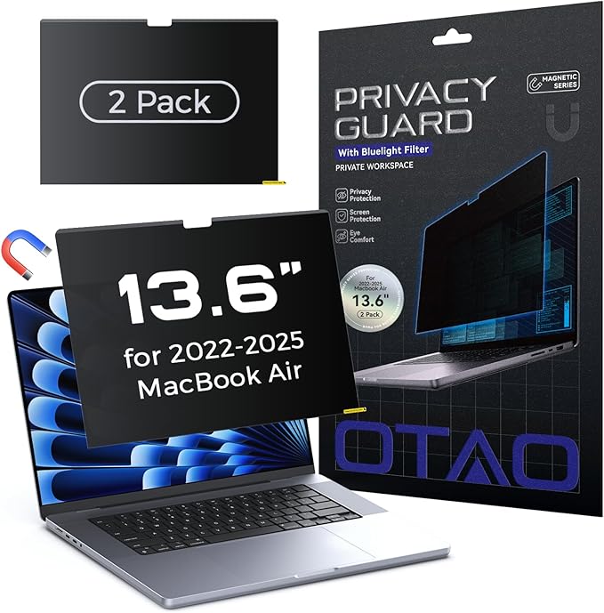 (2 Pack) Magnetic Privacy Screen for MacBook Air 13 & 13.6 Inch (2022-2025 M2/M3/M4), Removable Washable Reusable Matte Anti Glare Blue Light Protector Private Security Filter for 13.6" Mac Laptop