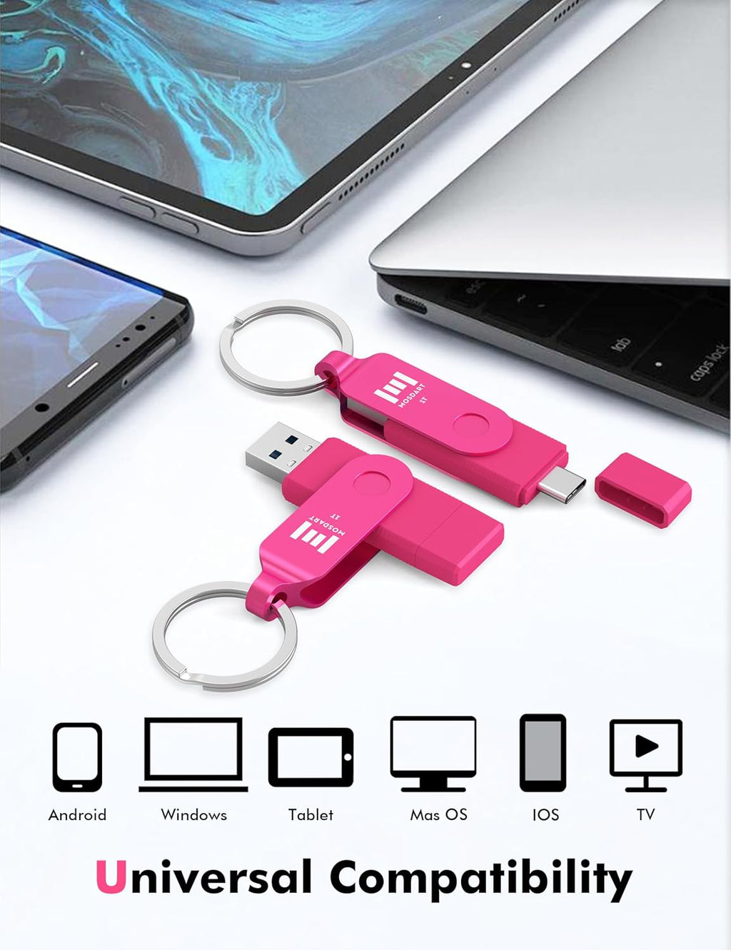 MOSDART 1TB USB3.1 Fast Speed C and A Dual Flash Drive, exFAT Memory Stick with Keychain and LED Indicator, for iPhone 15 and 16, Android Phone, iPad, MacBook, and Other Laptops, Hot Pink